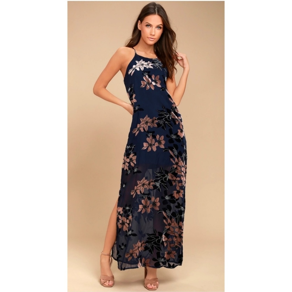 Lulu's | Navy & Rose Gold Velvet Floral Maxi Dress